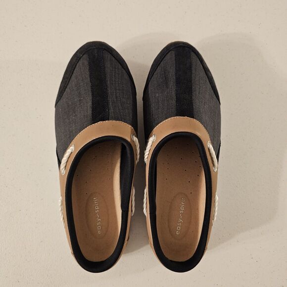 Easy Spirit Saddle Leather and Navy Travelport Denim Clogs Slip‎ On 11 M NWOT - Picture 3 of 9